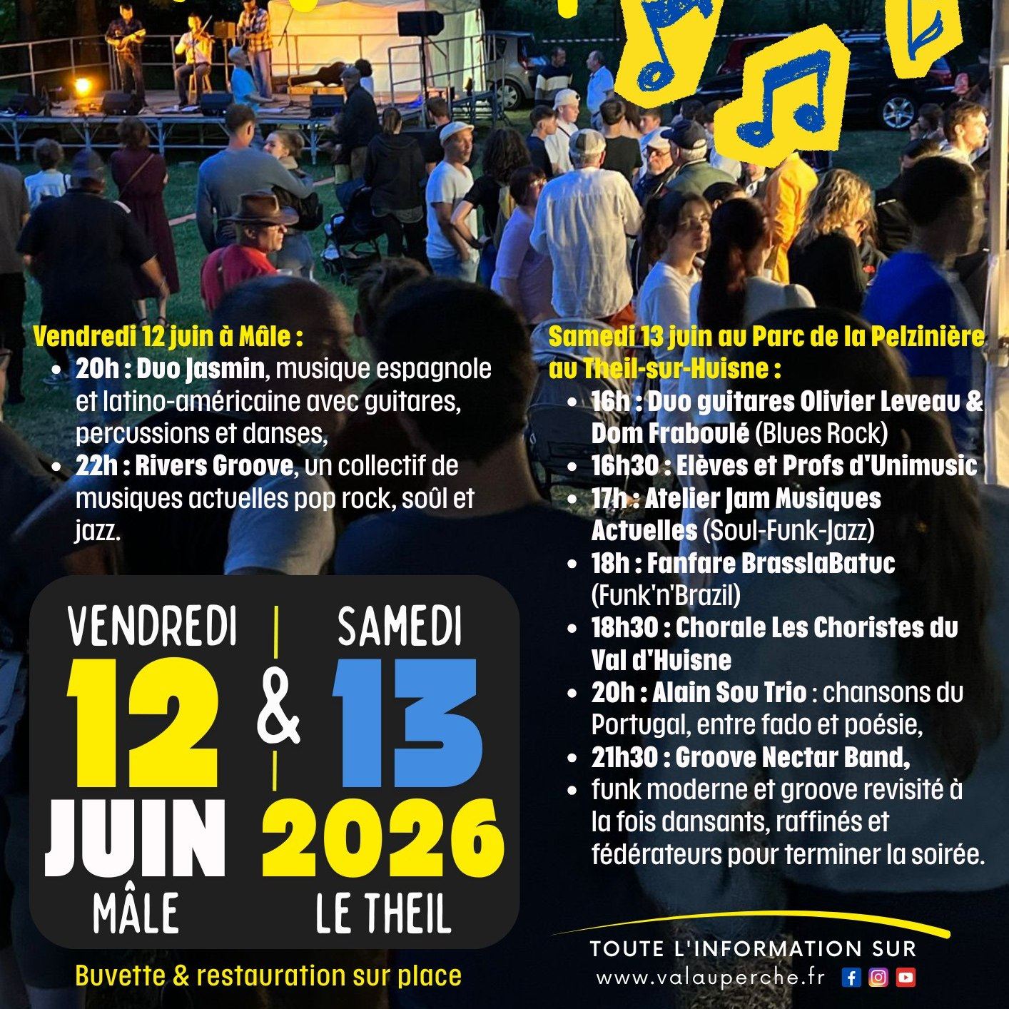#fetedelamusique 🎶Val-au-Perche fête la musique les 12 et 13 juin 2026La ville de Val-au-Perche organise la fête de la musique à Mâle le vendredi 12 juin et dans le parc de la Pelzinière du Theil-sur-Huisne, le samedi 13 juin 2026.La méditerranée s’invitera au programme de la fête de la musique 2026 avec :- Vendredi 12 juin à Mâle :
o 20h : Duo Jasmin, musique espagnole et latino-américaine avec guitares, percussions et danses,
o 22h : River’s Groove, un collectif de musiques actuelles pop rock, soûl et jazz.- Samedi 13 juin au Parc de la Pelzinière au Theil-sur-Huisne :
o 16h : Duo guitares Olivier Leveau & Dom Fraboulé (Blues Rock)
o 16h30 : Elèves et Profs de l' @unimusic61 dont Riad Guessab et Linda Edsjö
o 17h : Atelier Jam Musiques Actuelles (Soul-Funk-Jazz) dirigé par Antoine Goffette
o 18h : Fanfare BrasslaBatuc (Funk'n'Brazil) dirigée par Eric Pailhé et Mestre Jakloo
o 18h30 : Chorale Les Choristes du Val d'Huisne dirigés par Marie Laure Thébault
o 20h : Alain Sou Trio : chansons du Portugal, un voyage en Saudade, entre fado et poésie avec Guillaume Arbonville aux percussions, Patricio Lisboa, à la contrebasse et aux chœurs et Sou, au chant et à la guitare classique,
o 21h30 : Groove Nectar Band, c'est l'énergie du funk moderne et la chaleur du groove revisité avec un répertoire allant de Madonna à Dua Lipa, en passant par Vulfpeck, Scary Pockets et les classiques du funk & soul, des sets à la fois dansants, raffinés et fédérateurs pour terminer la soirée.Buvette et restaurations sur place.@badminton_theillois #France #normandie #leperche #pnrperche #valauperche61260 #perchenormand #Orne #Perche #PnrPerche #Valauperche #lepercheornais #theperchetobe #musique #concert #concerts #Gratuit