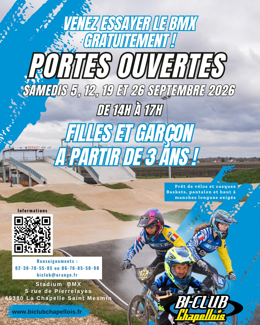 🚪PORTES OUVERTES🚪
Retrouvez-nous tous les samedis de septembre de 14h à 17h pour venir essayer le BMX gratuitement ! 🤩
📅 5, 12, 19 et 26 septembre
⌚️ De 14h à 17h
👶 Portes ouvertes à partir de 3 ans
🚲 Prêt de vélo et de casque
👖 Baskets, pantalon et haut à manches longues exigés