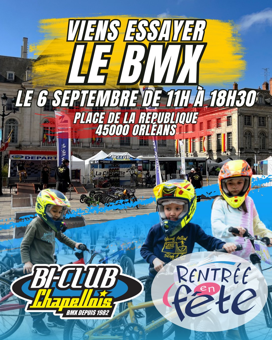 🎉 Rentrée en fête d'Orléans 🎉
Viens essayer le BMX gratuitement dimanche 6 septembre à Orléans !
Venez entre 11h et 18h30 pour découvrir notre discipline grâce à notre piste mobile d'initiation.
Prêt de casques et vélos.
Prévoyez des chaussures fermées.