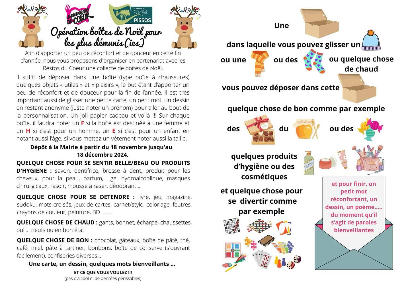 🎄📣🎄📣🎄Cette année nous relançons l’opération « boîtes de Noël pour les plus démunis(es) » en toujours en partenariat avec les Restos du Cœur. Depuis quelques années maintenant cette action est soutenue par de nombreuses et nombreux donateurs et nous les en remercions. En période de fête cette initiative permet d’offrir un peu de chaleur et de réconfort à ceux qui en ont besoin. Cette année encore, nous comptons sur votre générosité. Pour plus de renseignements n’hésitez pas à appeler la mairie au 05 58 04 41 40🎄🎄🎄