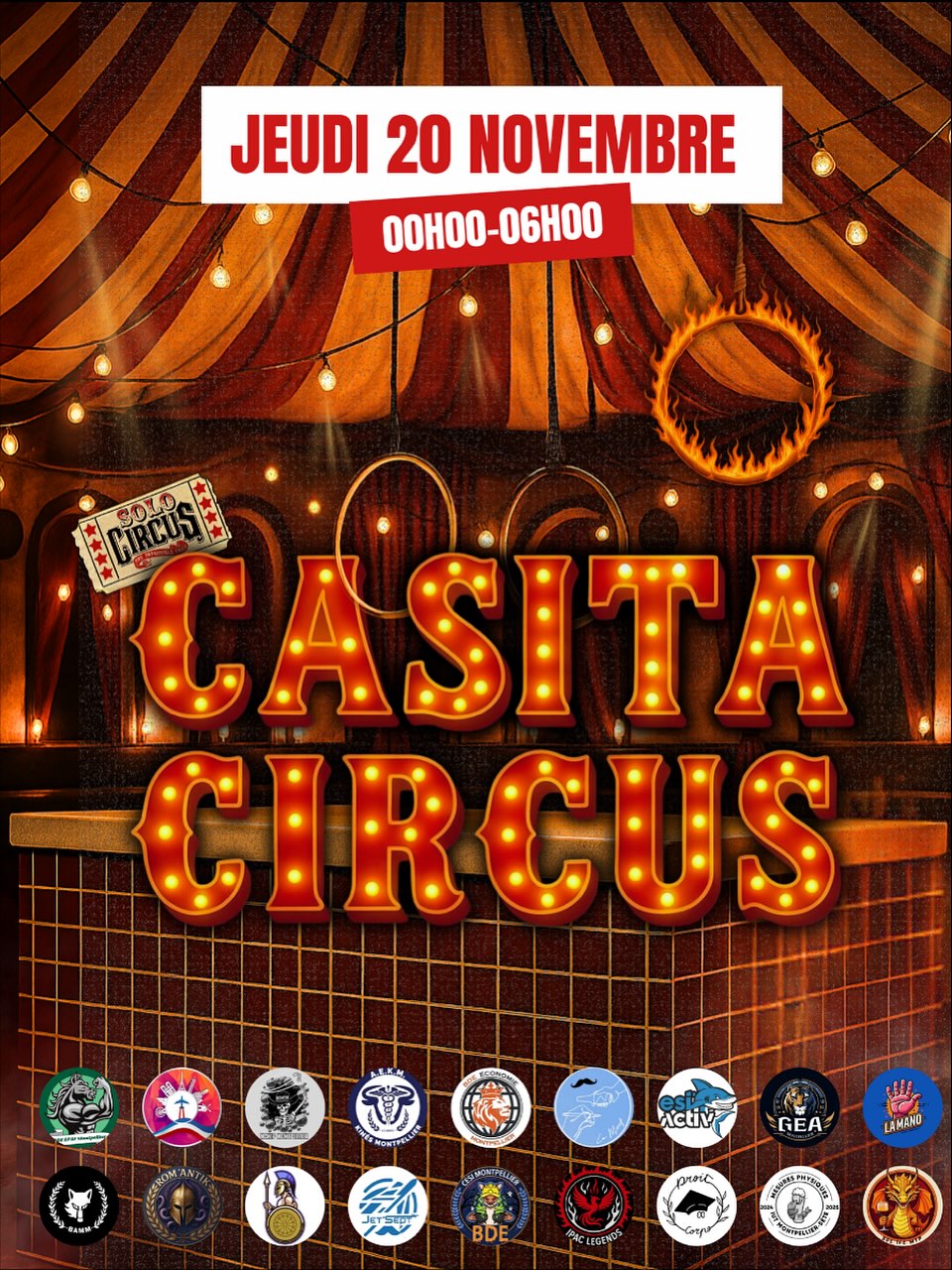 🎪 CASITA CIRCUS débarque ! 🎪
Prépare-toi pour une nuit de folie, de feu et de magie 🔥✨
Une déco immersive, des performers, une ambiance digne du Cirque du Soleil et une soirée qui va tout enflammer 🤪🔥
🎉 +15 BDE réunis sous le chapiteau !
🎟️ Avec ta place :
🎪 Accès au chapiteau ( club casita )
💸 Tarifs préférentiels
🚌 Navettes gratuites aller-retour
🚌GARE (pont de sète) -> CASITA
23H30
00H00
00H30
01H00
🚌CASITA -> GARE (pont de sete) -> Occitanie
03H30
04H15
05H00
Prends vite ta place avant qu’il soit trop tard 🎟️ le lien est en story et dans notre bio !
#soiree #soiréeetudiante #partytime #nightlife #montpellier #mtp #sortiramontpellier
#lacasita #lacasitamontpellier #lafumerie #lafumeriemontpellier
#20novembre #soiree20novembre #beforeparty #casitanight #eventmontpellier
#goodvibes #fiesta #clubbing