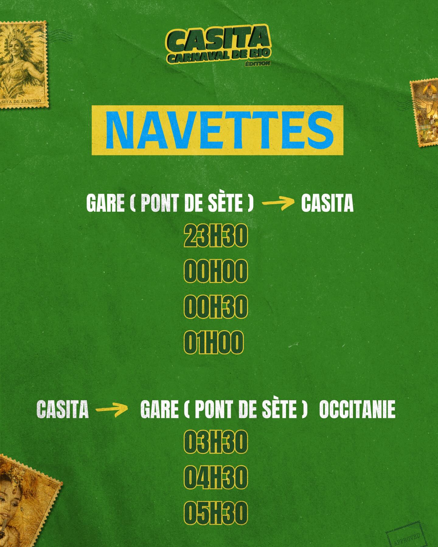 🌞💚 CASITA CLOSING – DIRECTION RIO 💛🌞
On commence par un echauffement au Castellane avec grand tournoi de beer pong🍻
Pour sa toute dernière nuit, Casita change de continent…
Cap sur le Brésil 🇧🇷
Pas besoin de billet d’avion… Le Carnaval de Rio investit Casita le temps d’une nuit exceptionnelle ! 💛💚
😎 performers & show
🪶 plumes & paillettes
🔥 énergie brûlante et ambiance solaire
Tu te croirais dans les rues de Rio, une caïpirinha à la main, porté par la vibe brésilienne ! 🌴
Ce closing ne sera pas juste une soirée.
Ce sera un voyage. ✈️
🎟️ Ton ticket comprend :
✔️ L’entrée à Casita
✔️ Des tarifs préférentiels au Castellane
✔️ Des tarifs préférentiels à la Casita
✔️ Les navettes aller-retour gratuites
🚌 Gare st Roch ( pont de sète ) -> CASITA
23h30
00h00
01h00
🚌 CASITA -> Gare St Roch ( pont de sète )
03h30
04h30
05h30
PRENDS TA PLACE DIRECTION CASITA DE JANEIRO ✨🇧🇷
🎫 Récupère ta place directement auprès de ton BDE sur ton campus
ou directement au Castellane de 21h30 à 23h ou devant la Casita entre 00h et 01h
Lien en bio
#montpellier #soireemontpellier #bde #soirée #montpellierlife