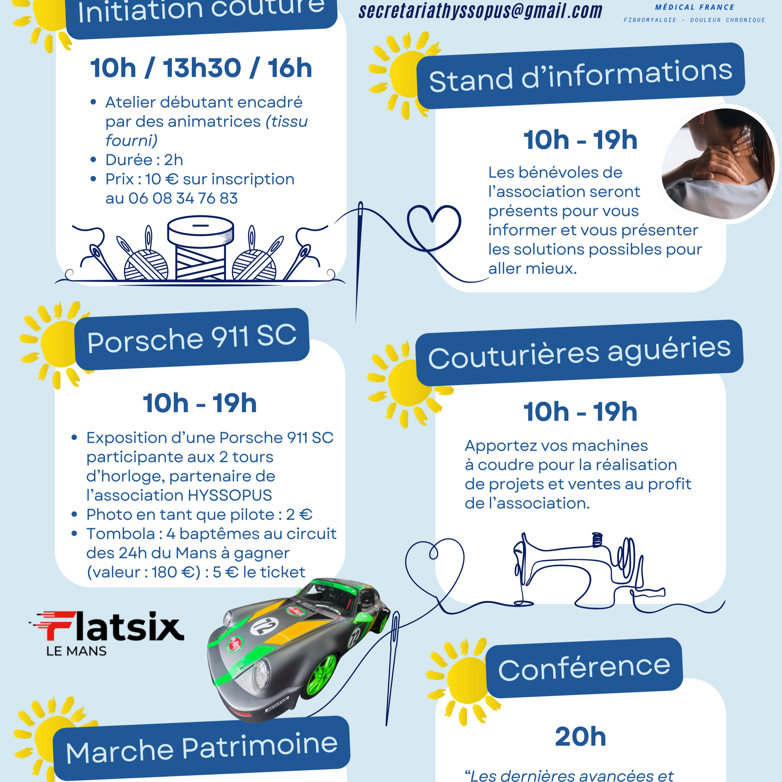 #lafranceenbleu💙Mardi 12 mai à @valauperche61260 : la "France en bleu" pour la journée mondiale de la fibromyalgie.Vous souffrez de douleurs chroniques ou symptômes inexpliqués. Ensemble, cousons la solidarité pour la journée mondiale de la Fibromyalgie, mardi 12 mai 2026 !Au programme de la journée mondiale de la fibromyalgie de 10h à 20h à la salle Jean Beaudoux :
- exposition d'une Porsche 911 SC,
- tombola : 4 baptêmes sur le circuit des 24h du Mans à gagner !
- expo vente de créations couture au profit de l' @associationhyssopus médical France,
- 10h / 13h30 / 16h : initiations à la couture (10€ sur inscription au 06 08 34 79 83),
- 16h : marche adpatée de 3 km à la découverte du patrimoine du Theil-sur-Huisne,
- 20h : conférence du Docteur Laurence Juhel-Voog "Les dernières avancées et prises en charge de la fibromyalgie".
Entrée libre, buvette et petite restauration sur place.#France #Normandie #Orne #Perche #Pnrperche #valauperche #perchenormand #bleu #santé #fibromyalgie #maladie #douleur #douleurschroniques #12mai