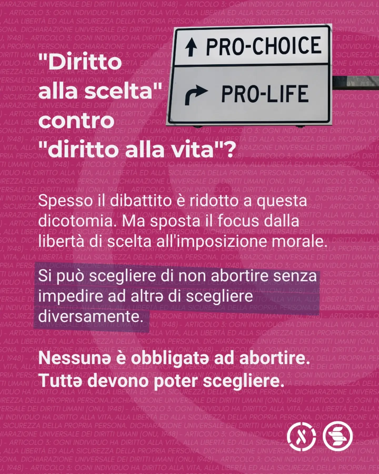 Rendere l'aborto illegale o inaccessibile non lo ferma: lo rende solo pericoloso.
Ogni anno in Europa quasi mezzo milione di persone ricorre ad aborti clandestini a causa di barriere legislative, culturali e burocratiche. Dove l'accesso legale viene ostacolato o negato, la salute e la vita delle persone vengono messe a rischio.
Oggi, nella Giornata Mondiale per l'Aborto Sicuro, ricordiamo che l'autodeterminazione e la salute non sono concessioni, ma diritti umani che devono essere garantiti a chiunque, ovunque e senza barriere.
Garantire un aborto sicuro significa tutelare la salute di tuttɛ