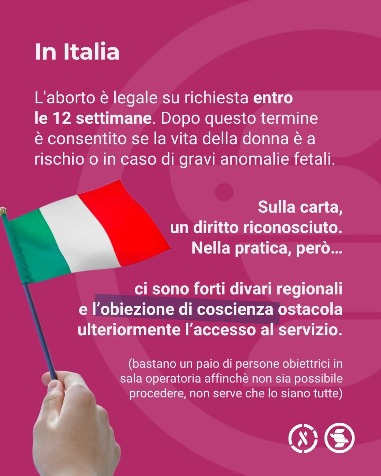 Rendere l'aborto illegale o inaccessibile non lo ferma: lo rende solo pericoloso.
Ogni anno in Europa quasi mezzo milione di persone ricorre ad aborti clandestini a causa di barriere legislative, culturali e burocratiche. Dove l'accesso legale viene ostacolato o negato, la salute e la vita delle persone vengono messe a rischio.
Oggi, nella Giornata Mondiale per l'Aborto Sicuro, ricordiamo che l'autodeterminazione e la salute non sono concessioni, ma diritti umani che devono essere garantiti a chiunque, ovunque e senza barriere.
Garantire un aborto sicuro significa tutelare la salute di tuttɛ